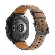 For Samsung Galaxy Watch Ultra 47mm Stitched Black Buckle Genuine Leather Watch Band(Frosted Olive)
