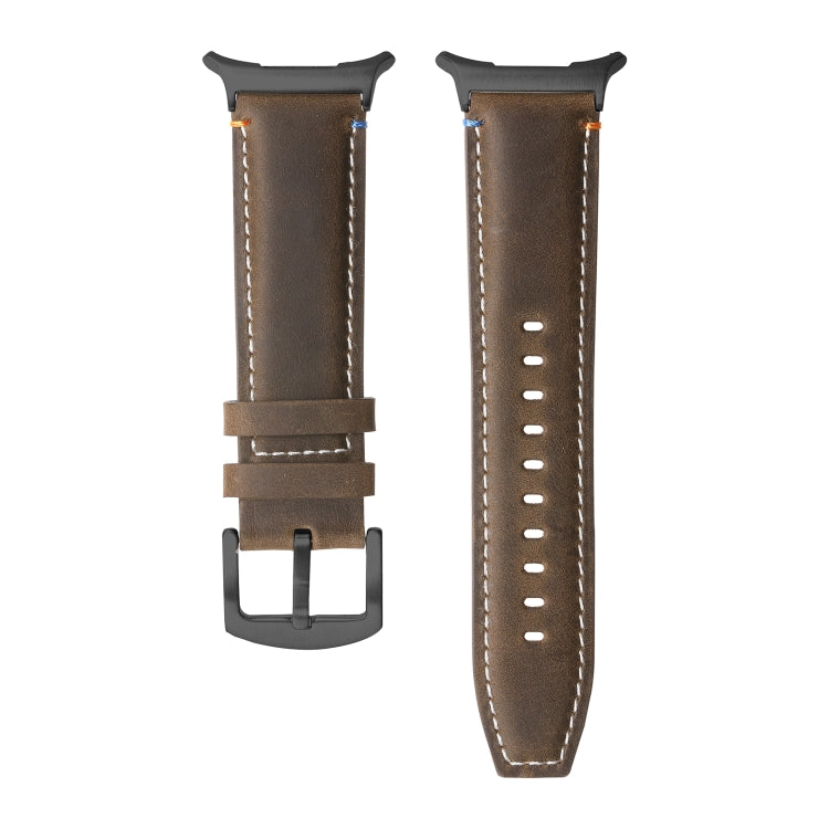 For Samsung Galaxy Watch Ultra 47mm Stitched Black Buckle Genuine Leather Watch Band(Frosted Olive)