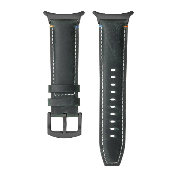 For Samsung Galaxy Watch Ultra 47mm Stitched Black Buckle Genuine Leather Watch Band(Frosted Green)