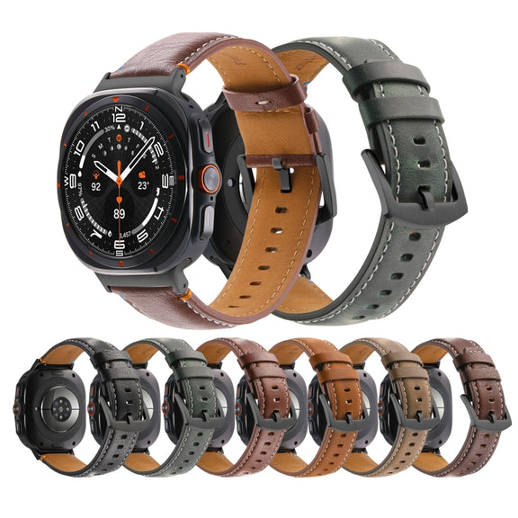 For Samsung Galaxy Watch Ultra 47mm Stitched Black Buckle Genuine Leather Watch Band(Pull Up Leather Brown)