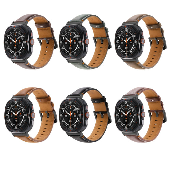 For Samsung Galaxy Watch Ultra 47mm Stitched Black Buckle Genuine Leather Watch Band(Frosted Olive)