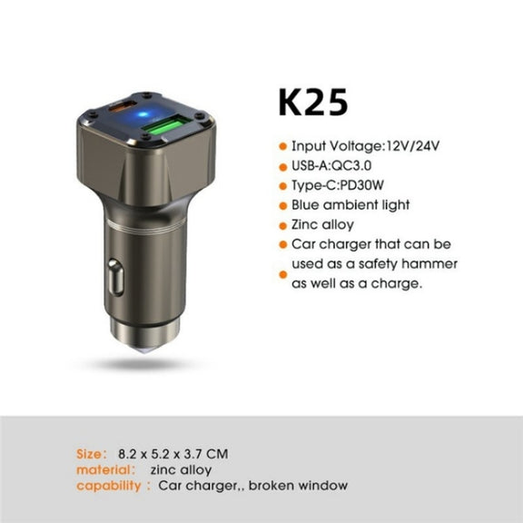 K25 Fast Charging Metal Window Breaker Car Charger Adapter PD 30W Super Charger