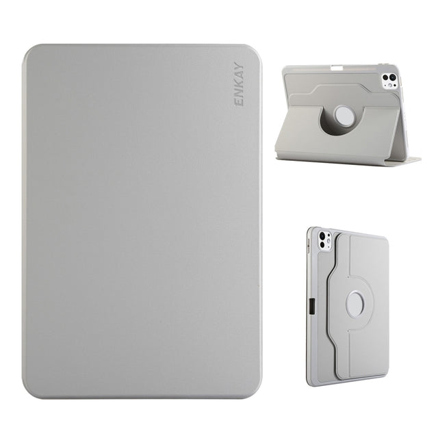 For iPad Pro 13 2024 ENKAY 360 Rotation TPU Leather Smart Tablet Case with Pen Slot(Grey)