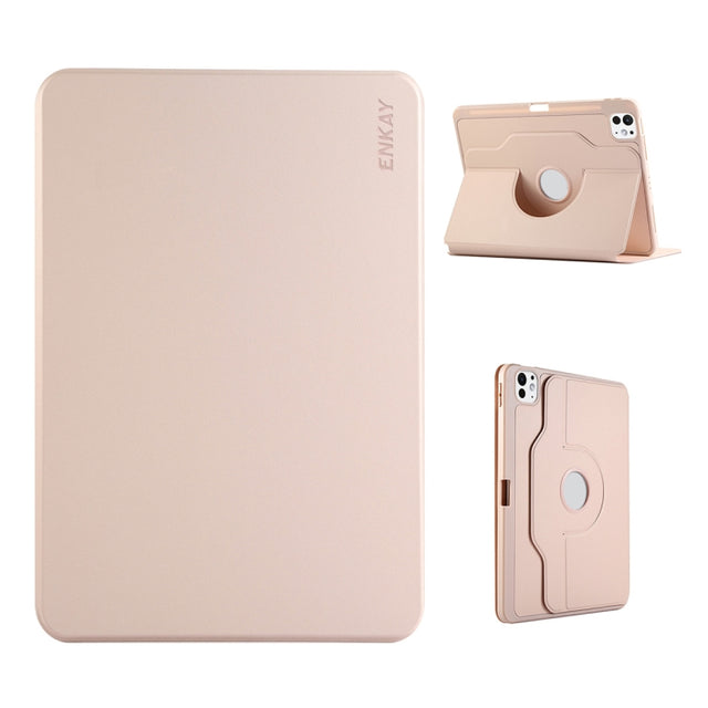For iPad Pro 12.9 2022/ Air 13 2025 / 2024 ENKAY 360 Rotation TPU Leather Smart Tablet Case with Pen Slot(Pink)