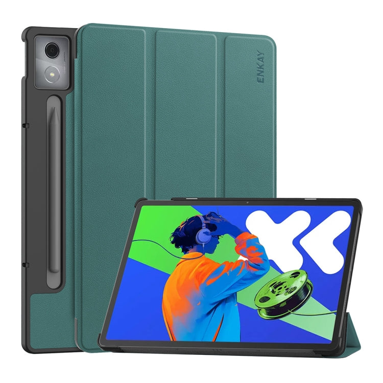 For Lenovo Xiaoxin Pad Pro 12.7 2025 ENKAY Tri-fold Custer Texture Platic Leather Smart Tablet Case(Dark Green) - free shipping - PMC TechLife - Order now!