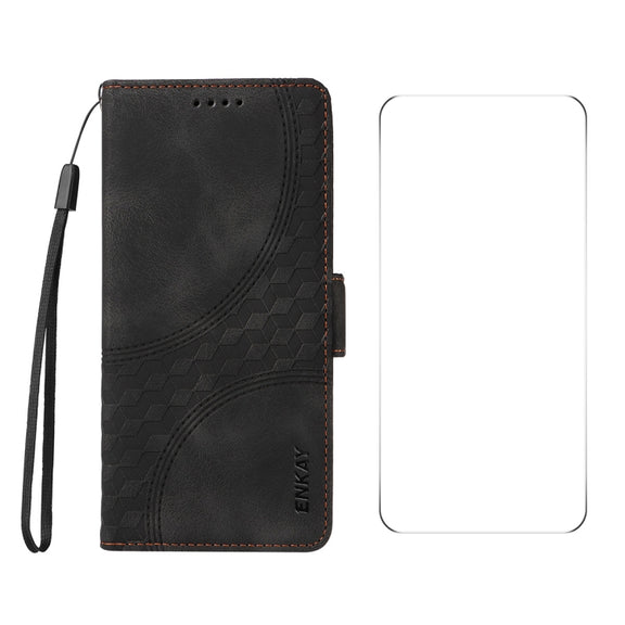 For iPhone 16 Pro ENKAY Embossed Rhombus Starry Leather Phone Case with Screen Film(Black)