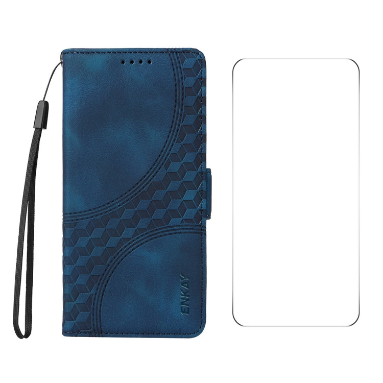 For iPhone 16e ENKAY Embossed Rhombus Starry Leather Phone Case with Screen Film(Blue) - iPhone 16e Cases by ENKAY | Online Shopping South Africa | PMC TechLife | Buy Now Pay Later Mobicred