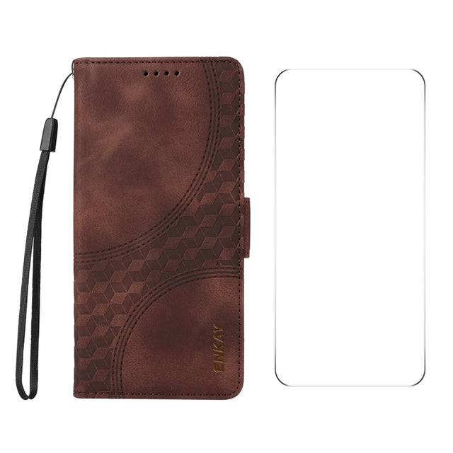 For iPhone 16e ENKAY Embossed Rhombus Starry Leather Phone Case with Screen Film(Brown)