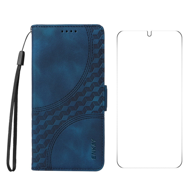 For Samsung Galaxy S25 5G / S24 5G ENKAY Embossed Rhombus Starry Leather Phone Case with Screen Film(Blue)