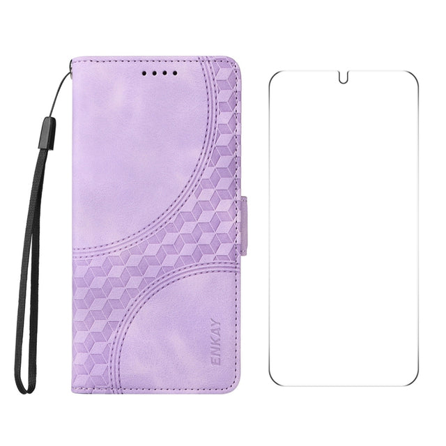 For Samsung Galaxy S25 5G / S24 5G ENKAY Embossed Rhombus Starry Leather Phone Case with Screen Film(Purple)