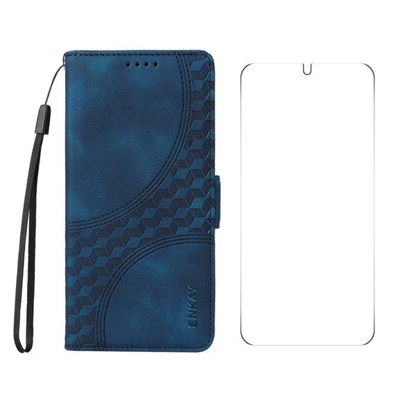 For Samsung Galaxy S25+ / S24+ 5G ENKAY Embossed Rhombus Starry Leather Phone Case with Screen Film(Blue)