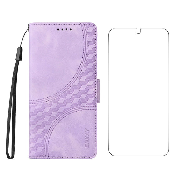 For Samsung Galaxy S25+ / S24+ 5G ENKAY Embossed Rhombus Starry Leather Phone Case with Screen Film(Purple)