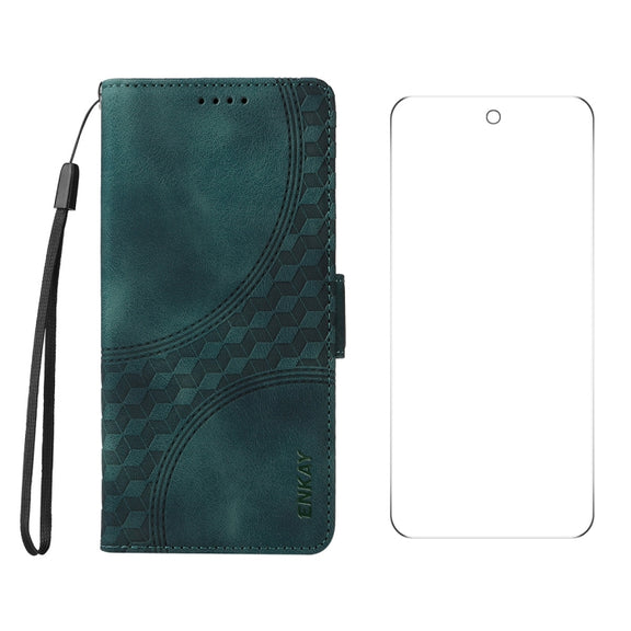 For Google Pixel 9 Pro ENKAY Embossed Rhombus Starry Leather Phone Case with Screen Film(Green)
