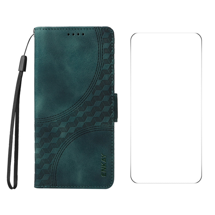 For OPPO Reno12 F 4G Global ENKAY Embossed Rhombus Starry Leather Phone Case with Screen Film(Green) - OPPO Cases by ENKAY | Online Shopping South Africa | PMC Jewellery | Buy Now Pay Later Mobicred