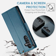 For Samsung Galaxy S24 FE 5G CaseMe 023 Butterfly Buckle Litchi Texture RFID Anti-theft Leather Phone Case(Blue)