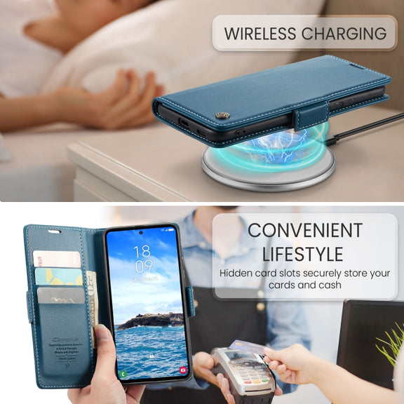 For Samsung Galaxy S24 FE 5G CaseMe 023 Butterfly Buckle Litchi Texture RFID Anti-theft Leather Phone Case(Blue)
