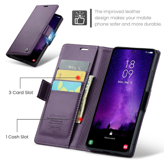 For Samsung Galaxy S24 FE 5G CaseMe 023 Butterfly Buckle Litchi Texture RFID Anti-theft Leather Phone Case(Purple)