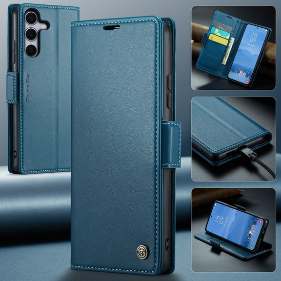 For Samsung Galaxy S25 5G CaseMe 023 Butterfly Buckle Litchi Texture RFID Anti-theft Leather Phone Case(Blue)