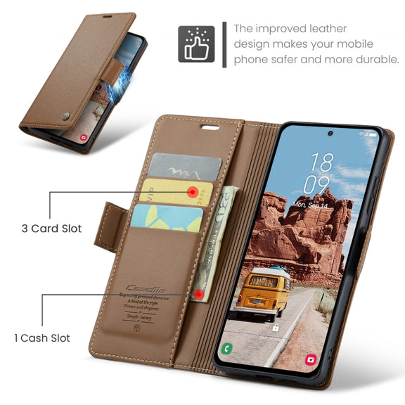 For Samsung Galaxy S25 5G CaseMe 023 Butterfly Buckle Litchi Texture RFID Anti-theft Leather Phone Case(Brown)