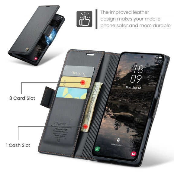 For Samsung Galaxy S25 5G CaseMe 023 Butterfly Buckle Litchi Texture RFID Anti-theft Leather Phone Case(Black)