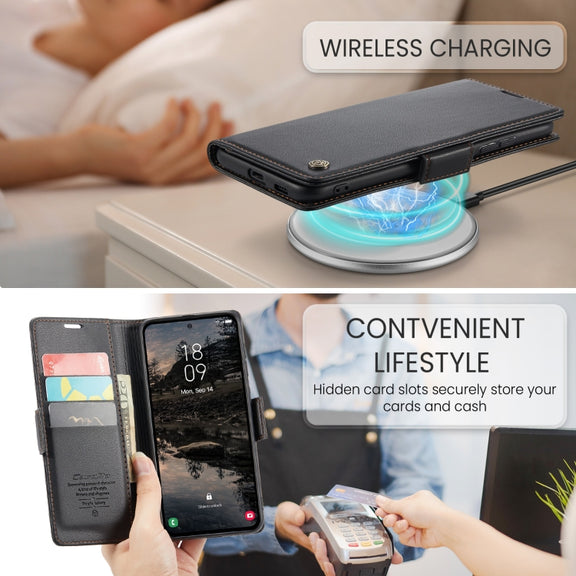 For Samsung Galaxy S25 5G CaseMe 023 Butterfly Buckle Litchi Texture RFID Anti-theft Leather Phone Case(Black)