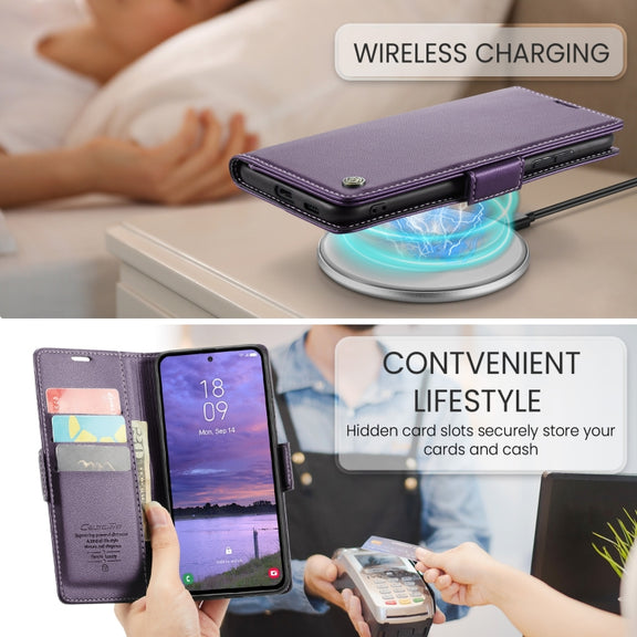 For Samsung Galaxy S25 5G CaseMe 023 Butterfly Buckle Litchi Texture RFID Anti-theft Leather Phone Case(Purple)