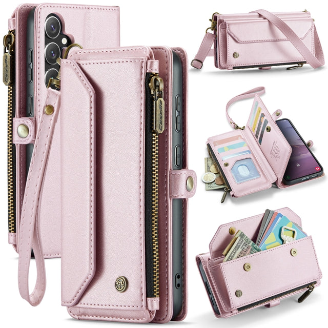 For Samsung Galaxy S24 FE 5G CaseMe C36 Card Slots Zipper Wallet RFID Anti-theft Leather Phone Case(Pink)