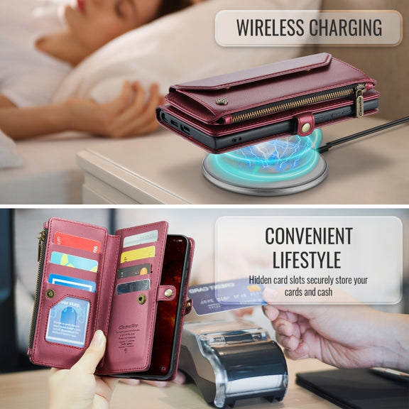 For Samsung Galaxy S24 FE 5G CaseMe C36 Card Slots Zipper Wallet RFID Anti-theft Leather Phone Case(Red)