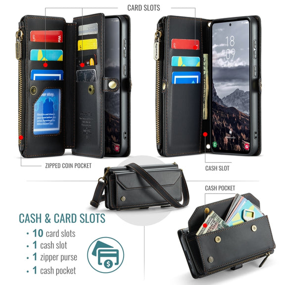For Samsung Galaxy S24 FE 5G CaseMe C36 Card Slots Zipper Wallet RFID Anti-theft Leather Phone Case(Black)