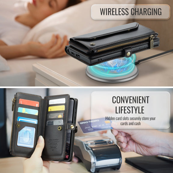 For Samsung Galaxy S24 FE 5G CaseMe C36 Card Slots Zipper Wallet RFID Anti-theft Leather Phone Case(Black)