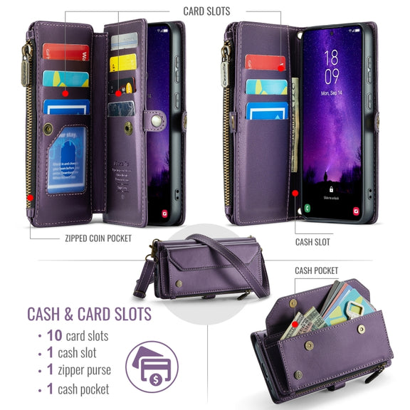 For Samsung Galaxy S24 FE 5G CaseMe C36 Card Slots Zipper Wallet RFID Anti-theft Leather Phone Case(Purple)