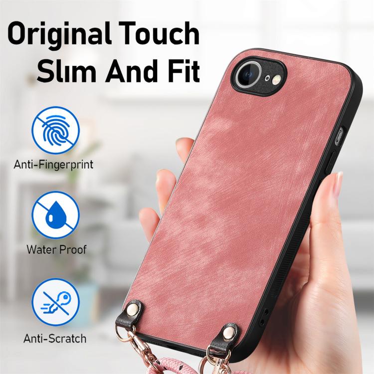 For  iPhone 16e Vintage Leather PC Back Cover Phone Case with Crossbody Strap(Pink) - iPhone 16e Cases by PMC TechLife | Online Shopping South Africa | PMC TechLife | Buy Now Pay Later Mobicred