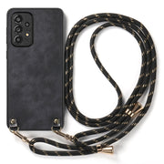 For Samsung Galaxy S25 5G Vintage Leather PC Back Cover Phone Case with Crossbody Strap(Black)