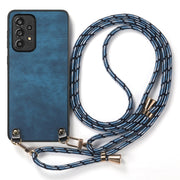 For Samsung Galaxy S25 5G Vintage Leather PC Back Cover Phone Case with Crossbody Strap(Blue)