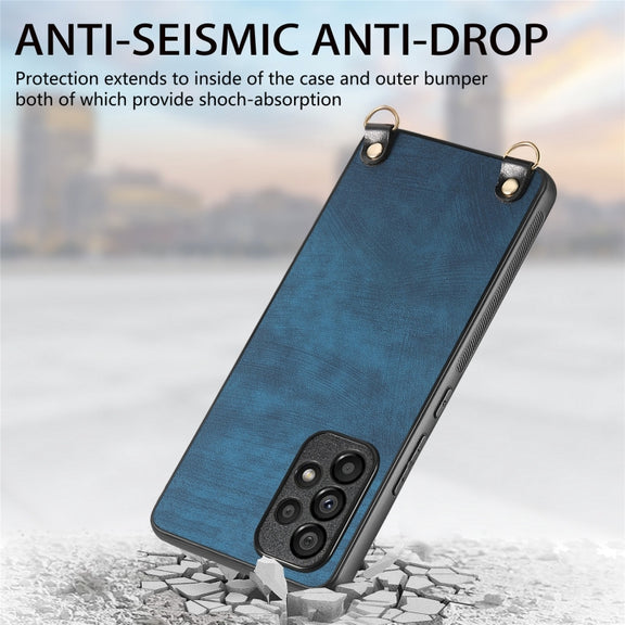 For Samsung Galaxy S25 5G Vintage Leather PC Back Cover Phone Case with Crossbody Strap(Blue)