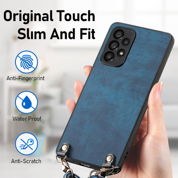 For Samsung Galaxy S25 5G Vintage Leather PC Back Cover Phone Case with Crossbody Strap(Blue)