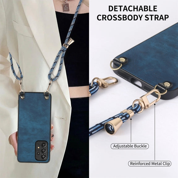 For Samsung Galaxy S25 5G Vintage Leather PC Back Cover Phone Case with Crossbody Strap(Blue)