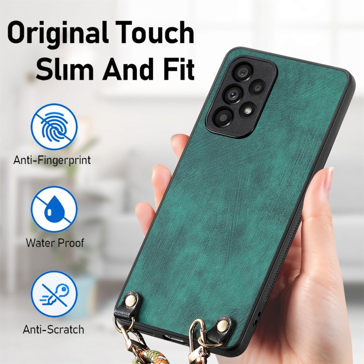 For Samsung Galaxy S25 5G Vintage Leather PC Back Cover Phone Case with Crossbody Strap(Green)