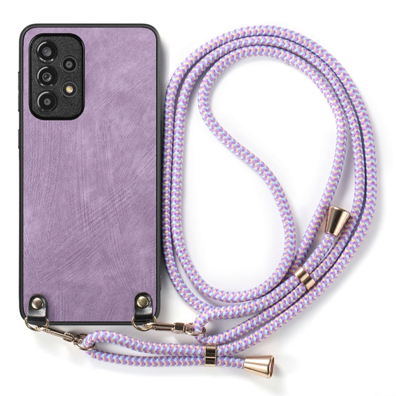 For Samsung Galaxy S25 5G Vintage Leather PC Back Cover Phone Case with Crossbody Strap(Purple)