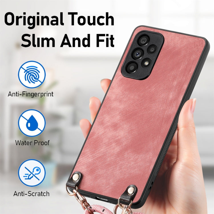 For Samsung Galaxy S25+ 5G Vintage Leather PC Back Cover Phone Case with Crossbody Strap(Pink)