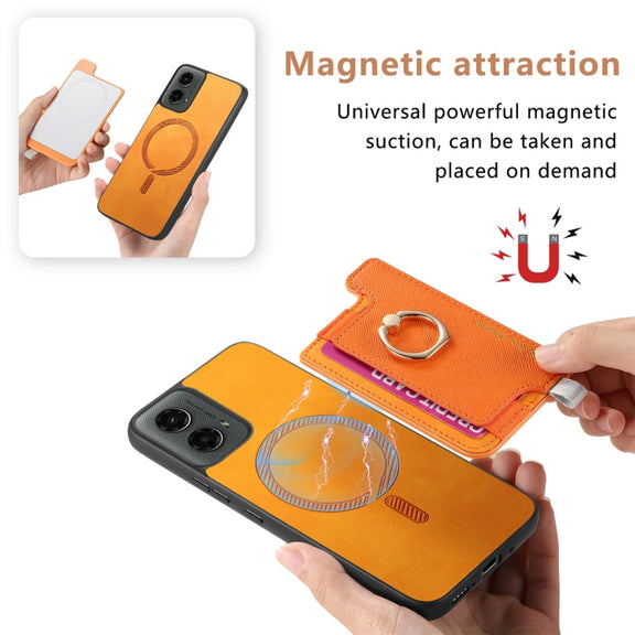 For Motorola Moto G 5G 2024 Retro Magsafe Cross Leather Ring Holder Card Bag Phone Case(Yellow)