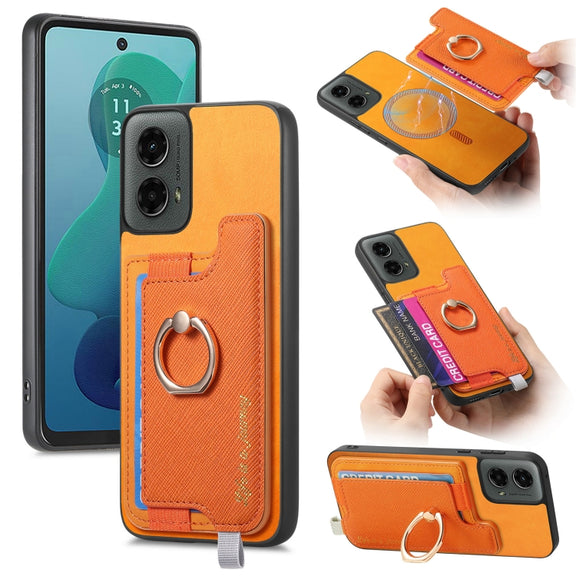 For Motorola Moto G 5G 2024 Retro Magsafe Cross Leather Ring Holder Card Bag Phone Case(Yellow)