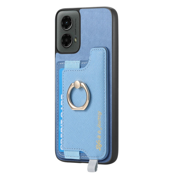 For Motorola Moto G 5G 2024 Retro Magsafe Cross Leather Ring Holder Card Bag Phone Case(Blue)