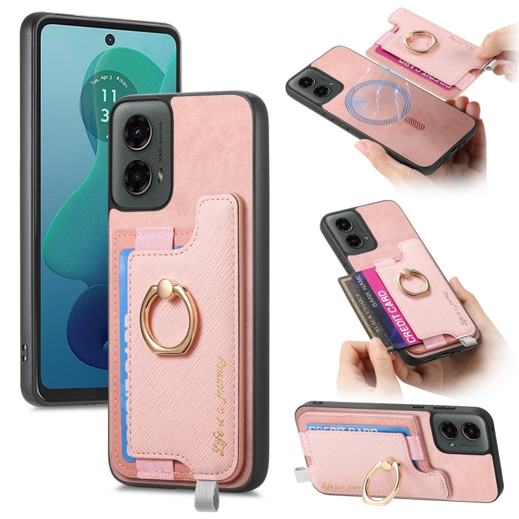 For Motorola Moto G 5G 2024 Retro Magsafe Cross Leather Ring Holder Card Bag Phone Case(Pink) - Motorola Cases by PMC Jewellery | Online Shopping South Africa | PMC Jewellery | Buy Now Pay Later Mobicred