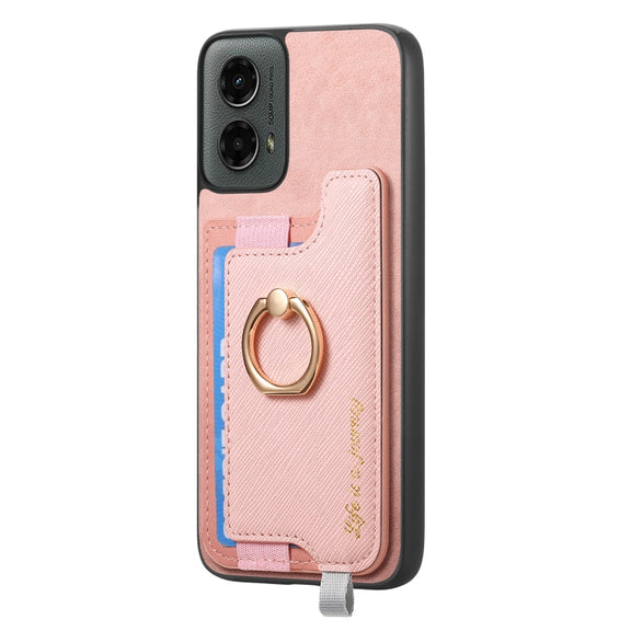 For Motorola Moto G 5G 2024 Retro Magsafe Cross Leather Ring Holder Card Bag Phone Case(Pink)