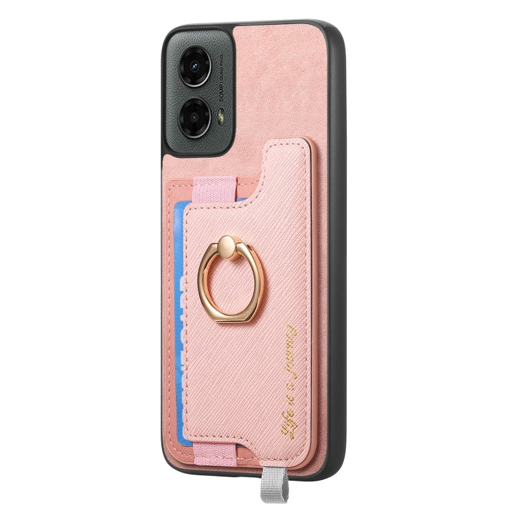 For Motorola Moto G 5G 2024 Retro Magsafe Cross Leather Ring Holder Card Bag Phone Case(Pink)
