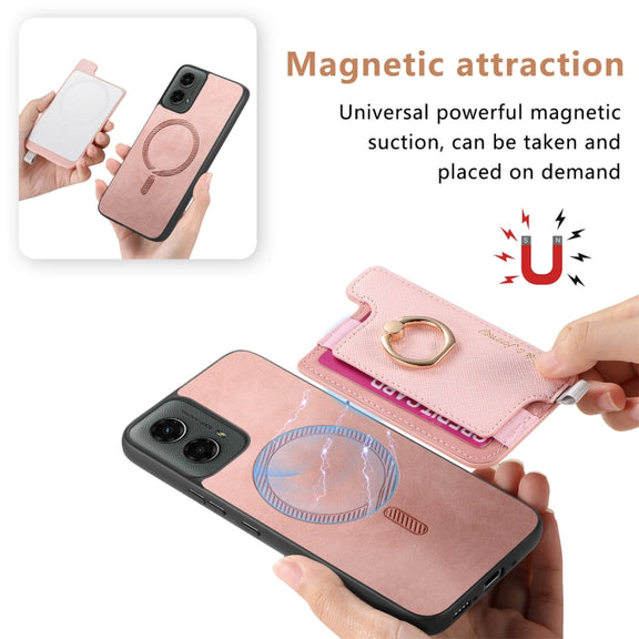 For Motorola Moto G 5G 2024 Retro Magsafe Cross Leather Ring Holder Card Bag Phone Case(Pink)