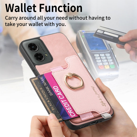 For Motorola Moto G 5G 2024 Retro Magsafe Cross Leather Ring Holder Card Bag Phone Case(Pink)
