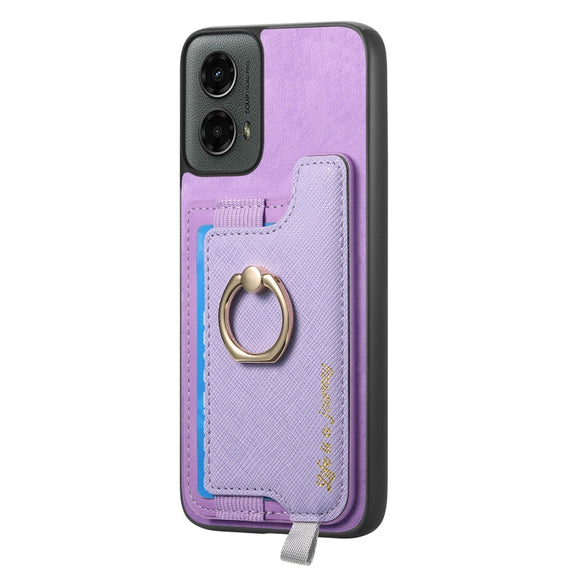 For Motorola Moto G 5G 2024 Retro Magsafe Cross Leather Ring Holder Card Bag Phone Case(Purple)