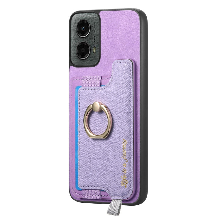 For Motorola Moto G 5G 2024 Retro Magsafe Cross Leather Ring Holder Card Bag Phone Case(Purple)